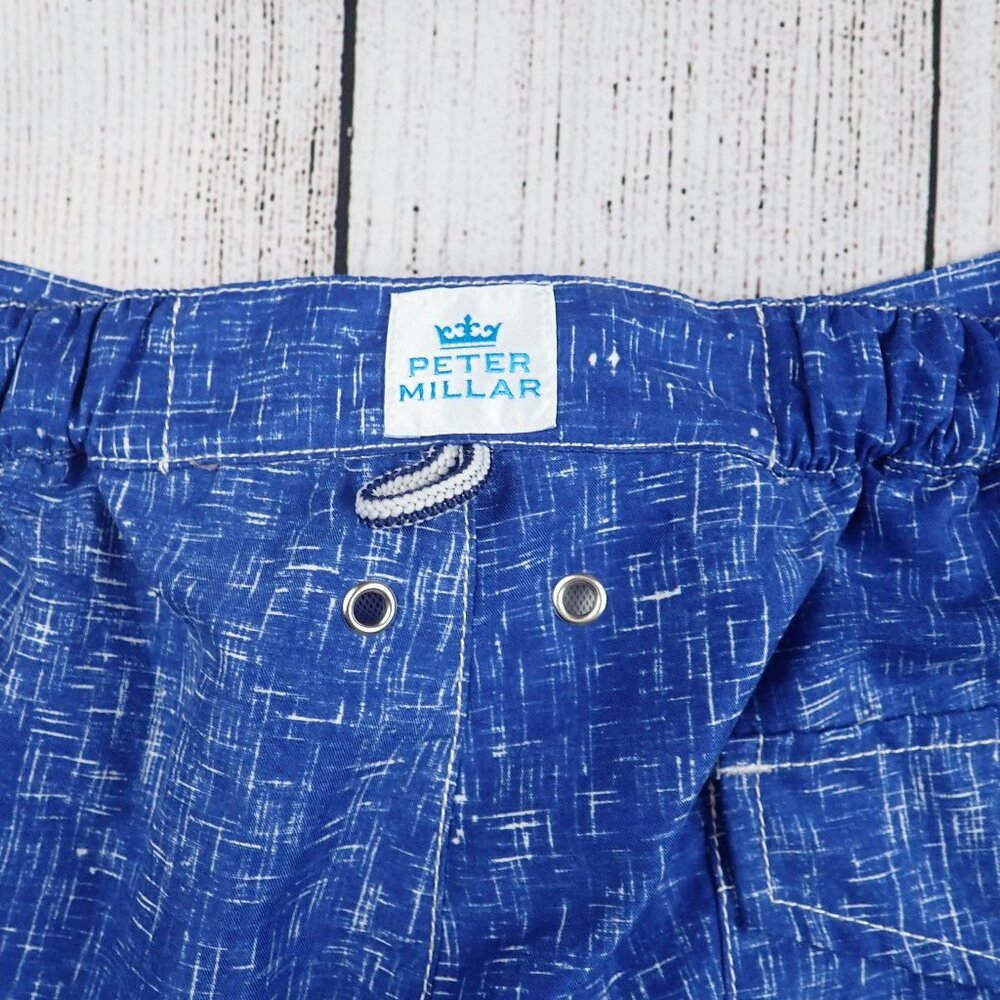 Peter Millar Blue Abstract Print Men's M Mesh Lined Swim Trunks Pockets - Picture 2 of 10